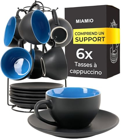 MIAMIO - 175 ml Set di 6 Tazze Cappuccino con Piattini/Tazza Cappuccino/Tazze da Cappuccino - Set Tazzine Caffè con Piattino - Tazze Colazione - Tazze Caffe - Collezione Le Papillon (Blu)
