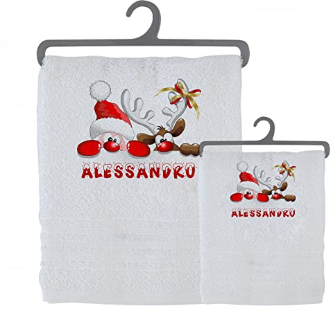 Set 2 Asciugamani Da Bagno Personalizzati 100% Cotone Made in Italy Asciugamano Viso e Ospite Bianco Con stampa personalizzata con Nome Idea Regalo Natale Christmas Biancheria Bagno Doccia Casa 4