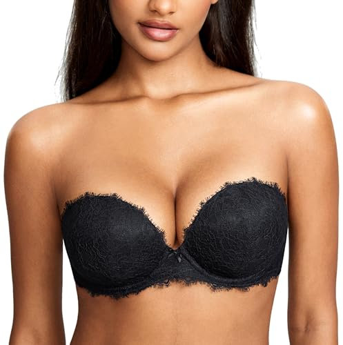 DOBREVA Damen Trägerloser Push Up BH Spitzen Tiefer Ausschnitt Bügel BHS Gepolsterter mit Abnehmbaren Trägern Schwarz 85B