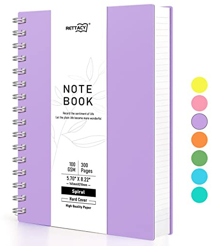 RETTACY A5 anteckningsblock, anteckningsbok, spiralbundna anteckningsböcker, 300 ark/150 sidor att skriva, 100 g/m² collegelinjerat papper, PVC inbunden