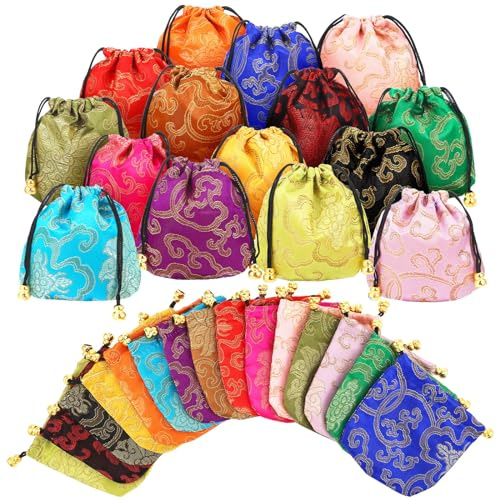 Huquary 60 Pcs Silk Jewelry Pouch Drawstring Gift Bags Bulk 4 x 4 Inches Potli Bags for Return Gifts Indian Diwali Gift Bag Mini Satin Brocade Embroidered Coin Purse for Women Selling Pooja
