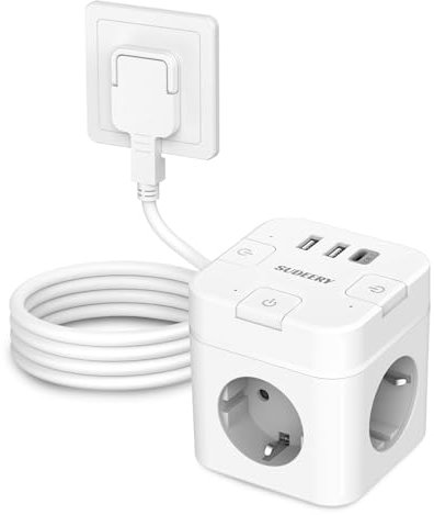 SUDEERY Enchufe 6 en 1 cubo con USB C,regleta de 3 enchufes,enchufe plano con conmutable individual,enchufe múltiple con cable de 2m,1 conector múltiple tipo C USB para oficina, casa, viajes (blanco)