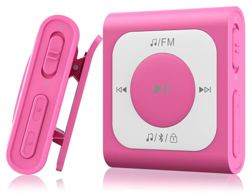 AGPTEK 64GB Clip MP3 Player mit Bluetooth, Mini Tragbarer Musikplayer mit UKW-Radio, kein Telefon erforderlich für Sport, Zufallswiedergabe, Rosa