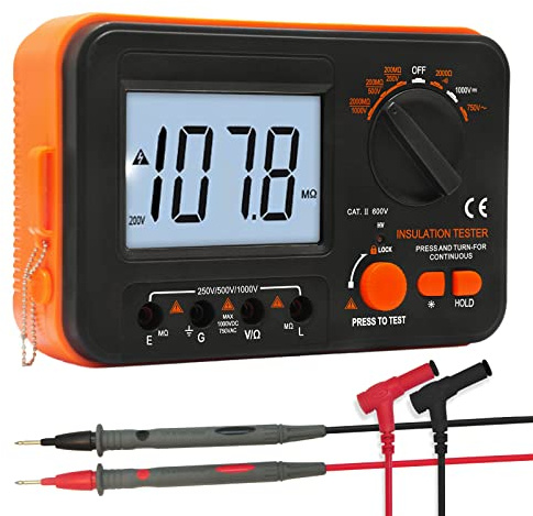 Digital Megohmmeter, Kethvoz Insulation Resistance Tester 1000V Test Ohm 0.1MΩ~2GΩ with 250V500V1000V Testing Voltage Measure ACDC Voltage Megohm Tester Auto Range Backlit Display