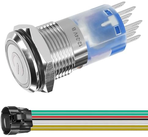 Gebildet Interruptor de Botón Pulsador de Acero Inoxidable con Cierre automático, diámetro de Montaje de 16 mm, DPDT 2NO 2NC 12V-24V/5A, LED Azul con Cable de Enchufe