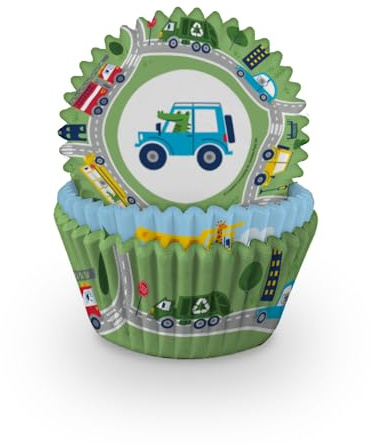Anniversary House Cupcake Cases - 60 Transport Cupcake Cases for Baking - Transportation Baking Cups in Heavy Duty Greaseproof Paper for Birthday, Cars, Trucks, Buses, Vehicles, Diggers, J224