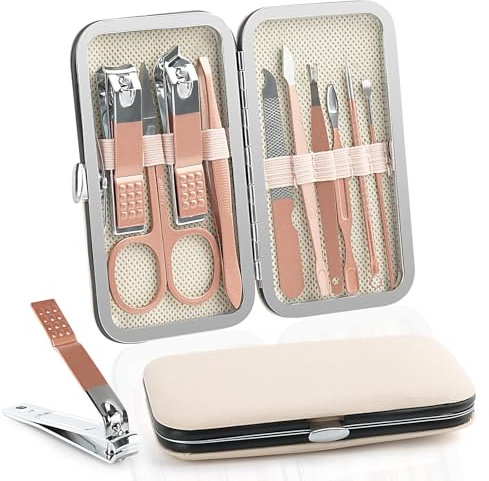 UKOFEW Kit de Manucure Pedicure, Coupe Ongle Kit, Trousse Manucure Femme Homme, Kit Manucure Inoxydable, Ensemble de Manucure, Professionnel Outils Accessoires avec Boîte de Voyage (Rose,10PCS)