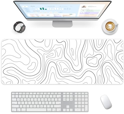 Giecy Gaming musmatta XXL, musmatta 900 x 400 mm, stort skrivbordsunderlägg med halkfri gummibas, skrivbordsmatta för tangentbord, PC, bärbar dator (vit linje)
