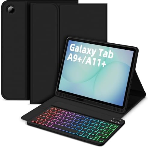 Bettdow für Samsung Galaxy Tab A11+/A9+ 11 Tastatur Hülle, Deutsch QWERTZ Layout Abnehmbarer Beleuchtete Tastatur, Hülle mit Stifthalter für Galaxy Tab A11 Plus 2025/A9 Plus 2023 11 Zoll, Schwarz