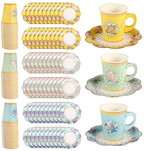 120uds Juego de Vajilla Desechable, Vajilla de Papel 60 Tazas de té de Papel con Asa 60 Platillos de Encaje Vajilla Floral para Fiesta para Niñas Suministros para Fiesta de té