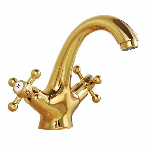 NIUKOMY Robinet Salle de Bain à Deux Poignées, Robinet de Lavabo en Laiton Doré, Mitigeur évier de Salle de Bain, Mélangeur de Lavabo Chaud et Froid avec Tuyau
