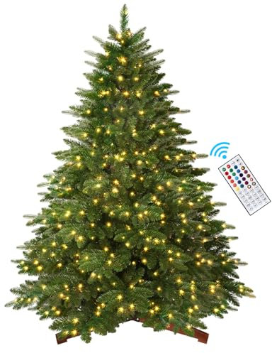 SHareconn Sapin de Noël Artificiel 198 cm,Arbre de Noël avec Support en Bois,avec Télécommande 340 Lumières RGB Multicolores,PE+PVC 1044 Astuces de Branches,Installation Rapide,Stockage Pratique