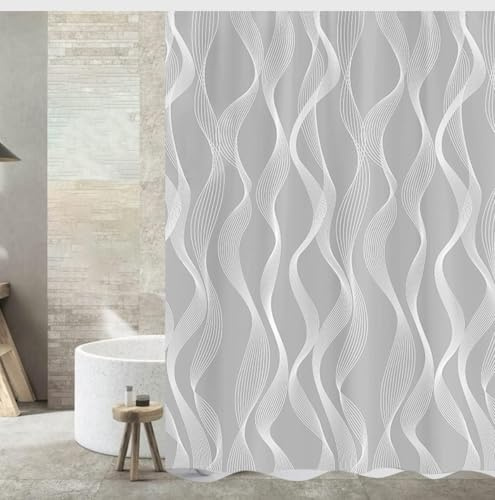 Luowenji Duschvorhang 200x220 Gestreifte Linien Shower Curtains 3D Duschvorhang Grau Antischimmel Duschvorhänge für Badewanne Waschbar Textil Badezimmer Vorhang A.1608