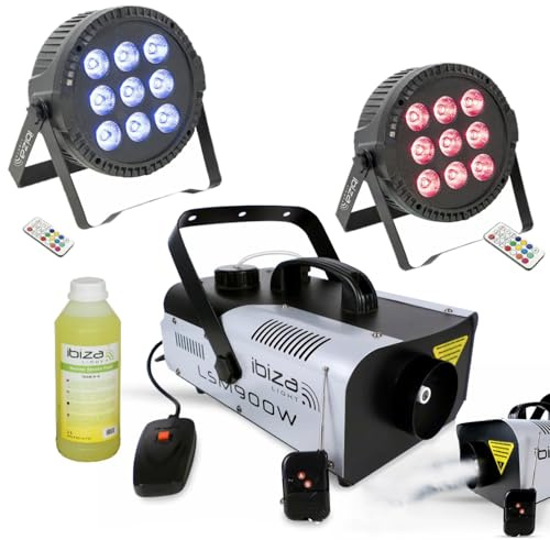 Ibiza Light - Pack Lumière Machine à Fumée Ibiza LSM900W - 2 THINPAR-9X6W-RGBW Projecteurs DMX Liquide à Fumée - Soirée Fête Mariage Animation