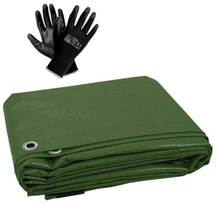 2 x 2 m Tarpaulin Cover - Green 90GSM - Waterproof, Weatherproof, Frost-Resistant, UV Protection, Multipurpose, Universal Groundsheet and Pair of Work Gloves