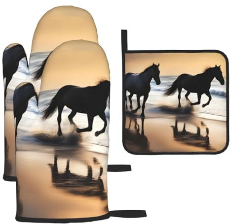 YYHHAOFA Lot de 3 gants de cuisine imperméables et durables pour four et manique pour isolation thermique Motif chevaux sur la plage