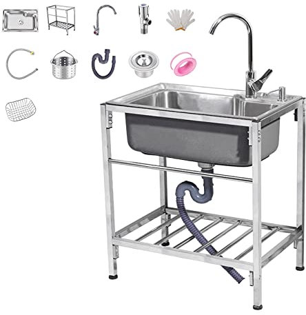 Edelstahl-Küchenspüle mit Wasserhähnen für den Innen- und Außenbereich, Haus, Garten, Bar, kommerzielle Qualität, tragbare Spüle mit Einzelschüssel, Handwaschbecken, Standspülen für Gastronomie,