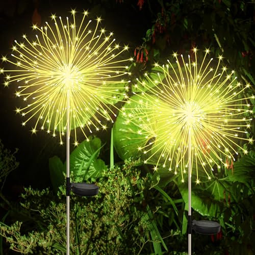 CNMTCCO 2pack Solar Firework Garden Lights, 120 LED Firework Lights Outdoor Garden 8 Modes Starburst Light Waterproof for Lawn Pathway Patio Yard Party Backyard Decoration (Warm White)