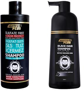 Softto Plus Shampoing pour cheveux noirs 350 ml + shampooing de couleur sans sulfate 400 ml pour couvrir les cheveux blancs et gris + protection de la couleur