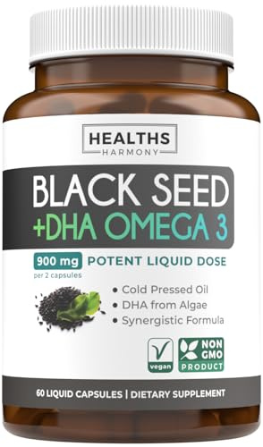 Cold-Pressed Black Seed Oil Capsules - Vegan Non-GMO Nigella Sativa Black Seed Oil Supplement with Omega 3 DHA for Full Body Wellness & Brain Support - Vegan Omega 3 & Thymoquinone-Rich (1 Month)