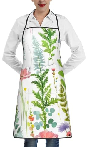 AACPPB Grembiule da cucina impermeabile con stampa primaverile di erbe aromatiche, resistente, con tasche, divertente grembiule per cucinare, cuocere, barbecue e molto altro ancora, bianco, taglia