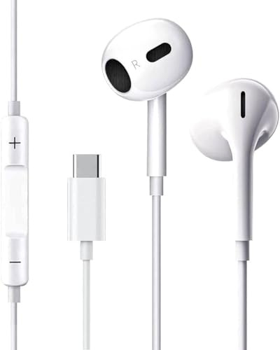 Écouteurs Filaires USB-C pour iPhone 15 Écouteurs Semi-Intra-Auriculaires Hi-FI Stéréo USB C avec Microphone et Contrôle du Volume pour iPhone 15, Samsung S24/S23, iPad et Air - Blancs(1.2M)