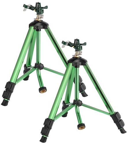 IRRSTPRO Aspersor de agua de aleación de zinc verde para pájaros, aspersor de jardín con base de trípode resistente, riego de área grande de 360 grados, patas de bloqueo abatible duraderas y boquilla