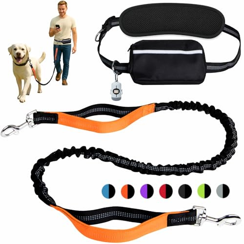 BJDQHKJ Hands-Free Dog Leash for Dogs up to 130 lbs – Heavy-Duty, Shock-Absorbing Bungee Leash with Zipper Pouch, Dual Padded Handles & Adjustable Waist Belt for Running & Walking – Bright Orange