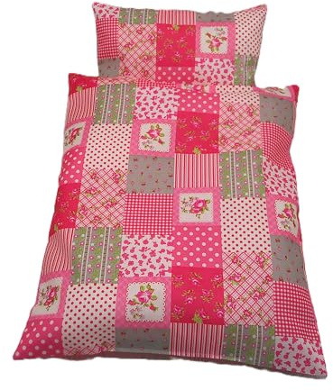 Handgefertigte Puppenbettwäsche rosa pink, im Patchworklook, für Puppenbett,-wagen oder Puppenwiege Decke 37h x 30b, Kissen 16h x 23b