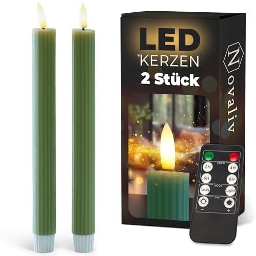 Stabkerzen LED mit Timer Grün 2er indoor mit 6 Stunden Timer - ECHTWACHS gerippt 23cm Höhe für Kerzen 2,2cm Durchmesser 2 AAA Batterien notwendig LED Stabkerzen flackernde Flamme bewegliche Flamme