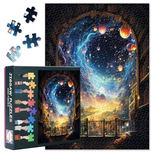 Fantasy 1000 Piece Puzzles for Adults, Fantasy Scene with Bookshelves and Planets in the Sky Jigsaw Puzzles, Impossible Challenging Jigsaw Puzzles for Adults, 19.5 x 27.5 Inch