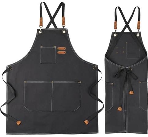 UDIANIS Chef Apron for Men Women - Cross Back Workshop Apron for Cooking, Baking, BBQ, Art Painting - Heavy Duty Denim Work Apron with Pockets for Garden, Craft, Garage (Black)