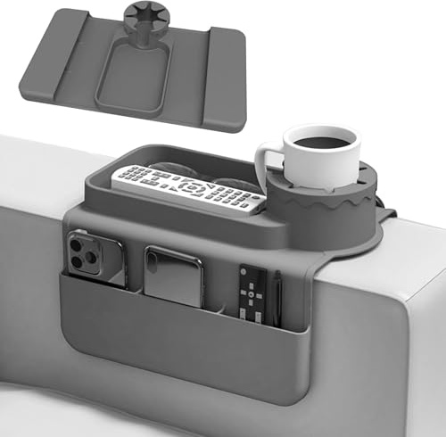 Couch Cup Holder, Silicone Anti-Slip Sofa Armrest Tray with Dual Side Pockets, Grey Anti-Spill Sofa Arm Drink Holder, Large Storage Capacity Couch Arm Tray for Cup Phone Tablet Remote Control Snack