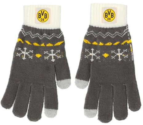 Dortmund BVB Norweger-Handschuhe Gr. L/XL, Grau-Weiß mit Wintermuster, 100% Polyacryl