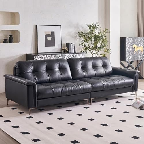 Medeltida retro minimalistisk stil svart lädersoffa, rymlig och mjuk soffa med massiv träram, modern stor storlek, lämplig för vardagsrum/kontor/lägenhet.