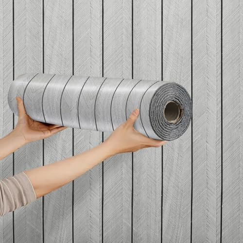 Takezuaa 1 Roll Self Adhesive Thermal Wallpaper Peel and Stick Wall Panels Light Grey Wood Effect Thick Faux Wood Slat Wallpaper for Living Room Bedroom Insulating Wall Covering Roll，300x40CM