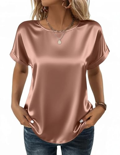 Zeagoo Satin Blouse for Women Elegant Short Sleeve Top Summer Silk Blouses | Crew Neck Casual Shirt Basic Solid T Shirts S-XXL