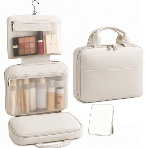 Kulturtasche zum Aufhängen, Faltbare & wasserdichte Toilettentasche mit 3 Fächern und Spiegel, Kosmetiktasche Set in Beige/Creme Weiß – Große Schminktasche für Damen, Reise & Ordnung