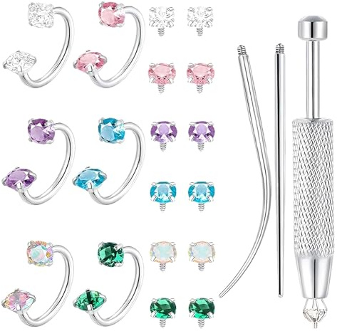 Lwezgi 16G Nasenring Lippenpiercing 6-Color Set, 8 mm Doppel Edelstein Nasenring Piercing Schmuck, Hufeisen Nasenpiercing, Ohrknorpel Tragus Daith Helix Piercing für Damen Herren