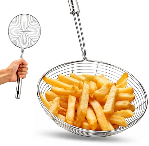 LOW&EE Espumadera de Acero Inoxidable 14 cm | Colador para Freír Patatas y Escurrir Alimentos | Espumadera Cocina Profesional Resistente a Altas Temperaturas | Colador para Aceite y Agua