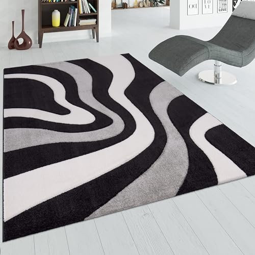 Paco Home Designer Carpet With Contour Cut And A Wave Pattern In Black Grey And White, Size:160x230 cm