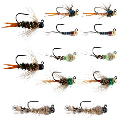 The Fly Fishing Place Barbless Tactical Czech Nymph Fly Fishing Flies Collection - One Dozen Tungsten Bead Euro Nymphing Fly Assortment - 2 Each of 6 Patterns - Hook Sizes 12, 14 and 16