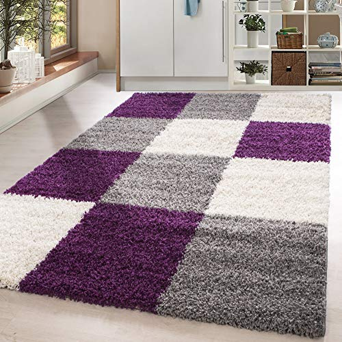 HomebyHome Hochflor Teppich Shaggy kariert 80x150 cm Violett, weich & flauschig, modernes Karo Design, rechteckig, ideal für Flur oder Kinderzimmer, stilvoll & gemütlich