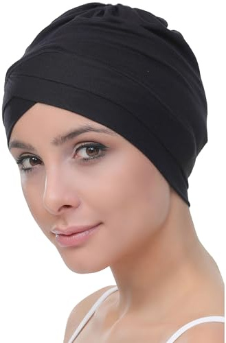 Deresina W-Front Bamboo Chemo Cap for Women – Soft Breathable Turban Headwear for Hair Loss & Alopecia, Comfortable Head Covering (Black- One Size)