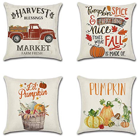 Artscope 4er-Set Dekorativ Kissenbezug 45 x 45 cm, Herbst-Thema Polyester Leinen Kissenbezüge Dekokissen Kissenhülle Set Kissen Fall für Sofa Auto Schlafzimmer Zuhause Dekor (Kürbis - C)