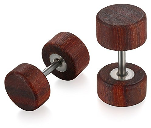 Flongo Boucles d'oreilles clous en bois pour hommes et femmes, set de boucles d'oreilles en bois avec étoile, feuille d'érable, taichi, lion, alien, haltères, motif clou, faux plug tunnel piercing