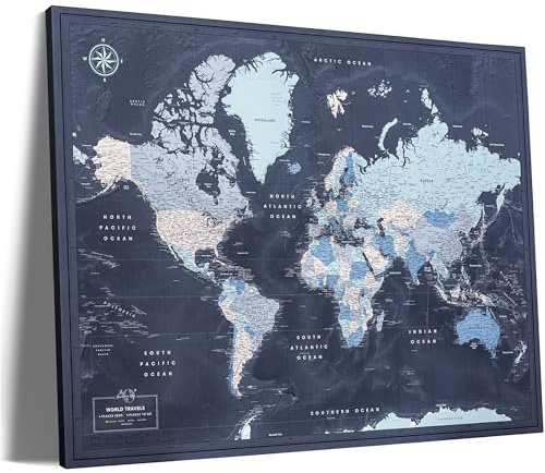Weltkarte Pinnwand aus Leinwand – Detaillierte Pinnwand Weltkarte mit Pins zum Markieren von Reisen – Navy Blau – (80x60 cm) – Pin Adventure Map