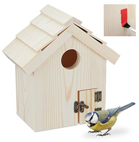 Relaxdays Vogelhaus zum Aufstellen, Holz Nistkasten für Wildvögel, Deko Vogelkasten zum Bemalen, HBT 25x23x14 cm, Natur