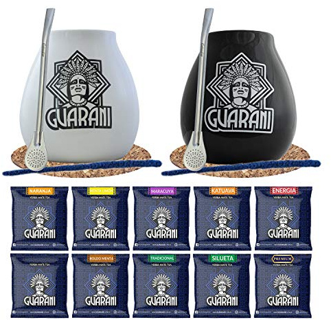 Set de Démarrage Yerba Maté Duo 2 Calebasses 2 Bombillas + 10x50g Guarani | Un kit duo complet de yerba maté avec 2 calebasses en céramique, 2 bombillas et 10 variétés de maté Guarani de 50 g