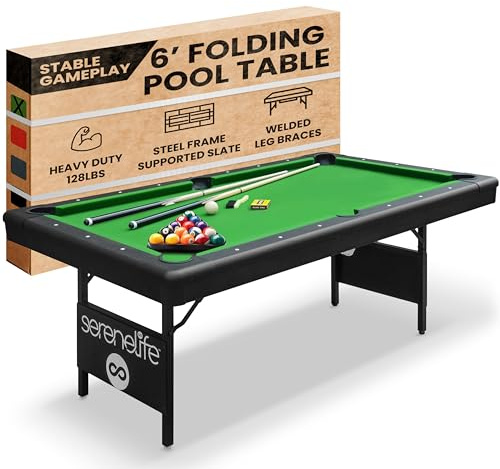 SereneLife 6-Ft Folding Pool Table - Portable Billiard Table - Includes 2X Cue Sticks, Full Set of Balls, Chalk, Brush - Foldable for Kids and Adults - SLPLTB76